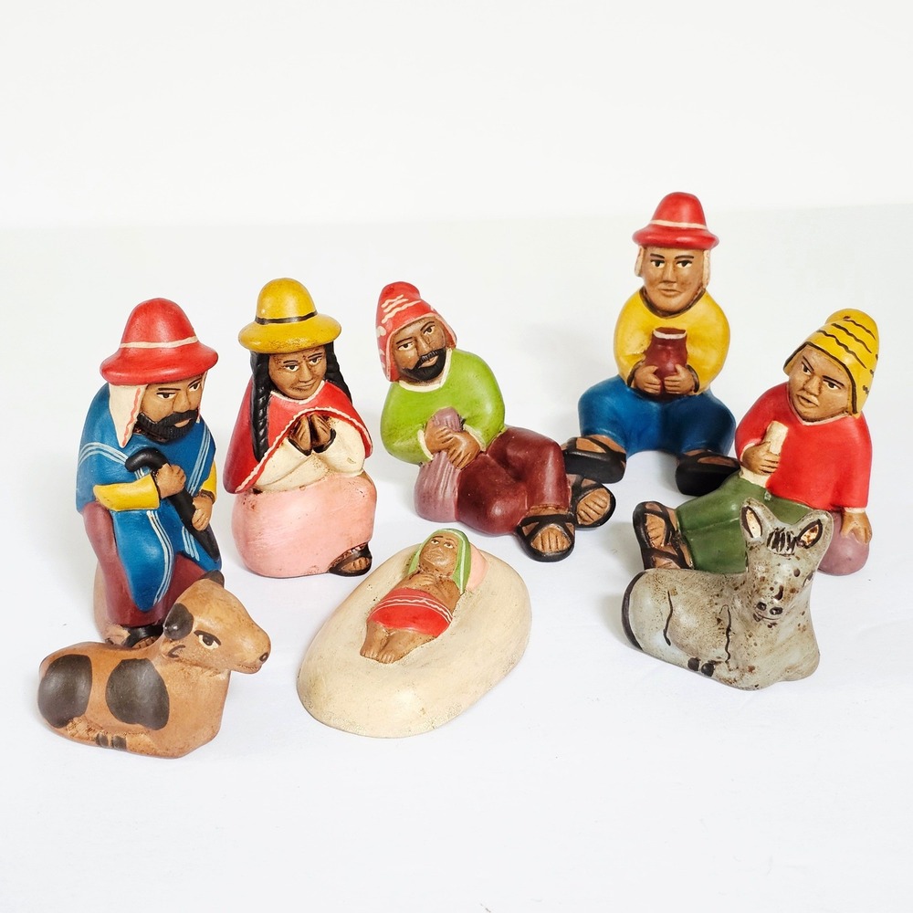 Vintage Peruvian Folk Art Nativity Set 8 Piece Hand Painted Clay Terracotta Set
